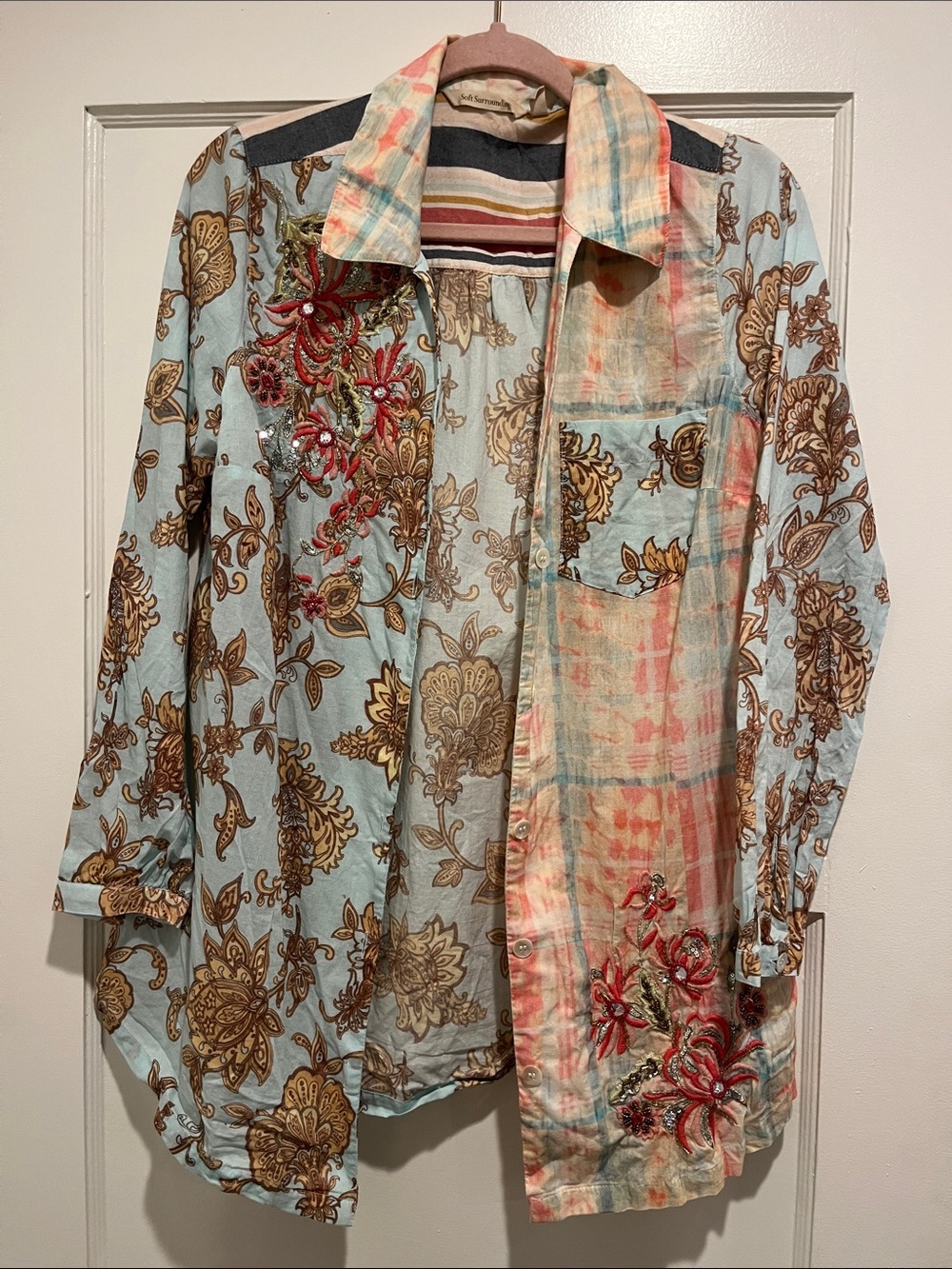 Soft Surroundings Embroidered Pastel Plaid & Stripe Mixed-Print Shirt - Picture 5 of 8